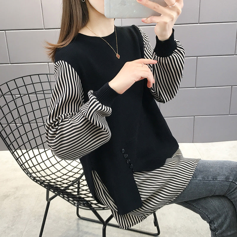 Women's layered sweatshirt with striped sleeves and button details NOVAE