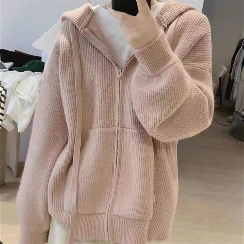 Women's hooded jacket with trendy ribbed knit design and practical pockets NOVAE
