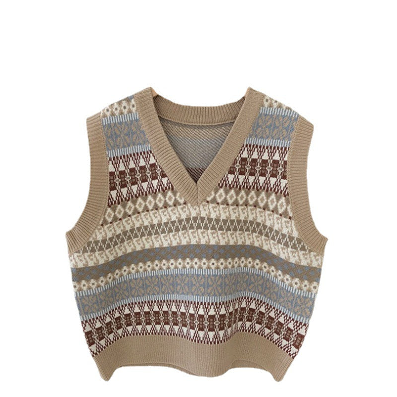 Women's sleeveless knitted vest with V-neck and pattern NOVAE