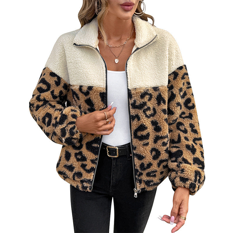 Women's teddy jacket with leopard print NOVAE