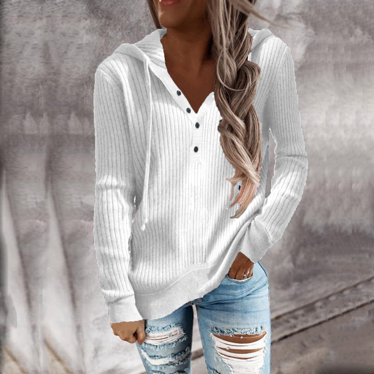 Women's Comfortable Striped Hoodie with Button Placket NOVAE