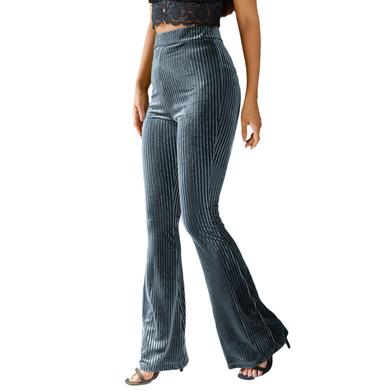 Women's elegant flared trousers in velvety material with a fine striped pattern NOVAE
