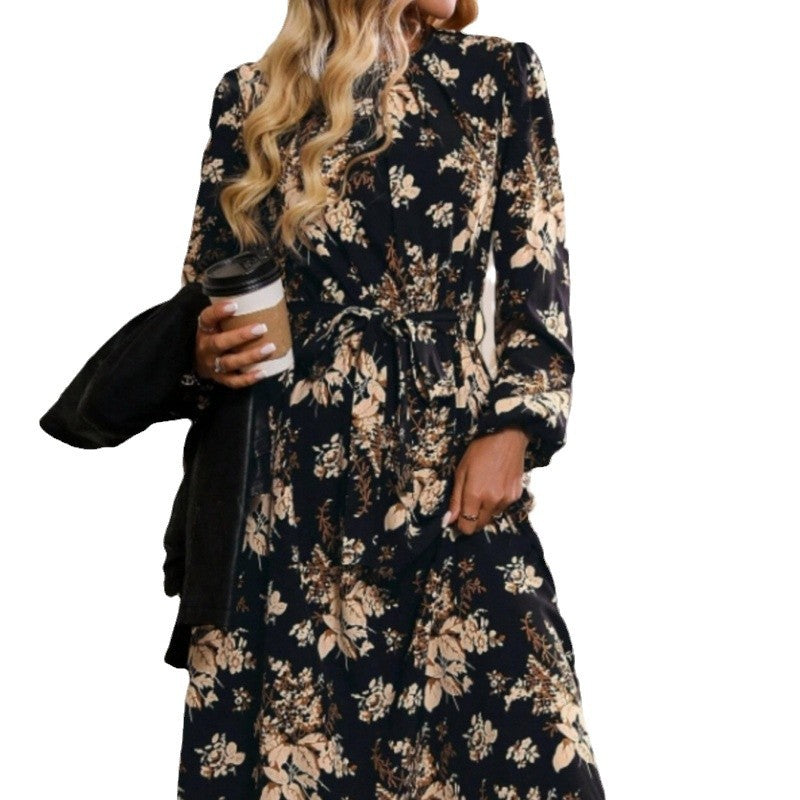 Women's midi dress with floral details and waist belt NOVAE