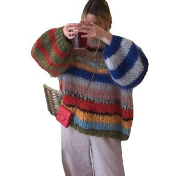 Women's Cozy Knit Sweater with Wide Flared Sleeves and Colorful Stripe Pattern NOVAE
