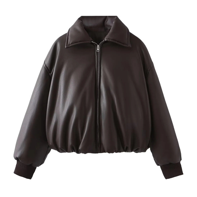 Women's casual faux leather jacket with a voluminous cut and practical pockets NOVAE