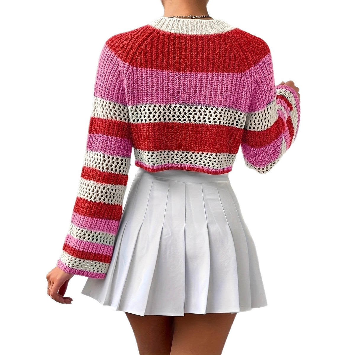 Women's knitted sweater with playful openwork pattern and colorful stripes NOVAE