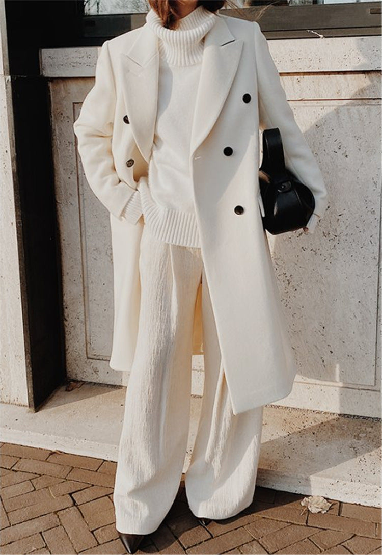 Women's long wool jacket with double button placket and wide lapel NOVAE