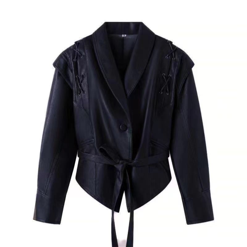 Women's fitted faux leather jacket with playful lacing detail NOVAE
