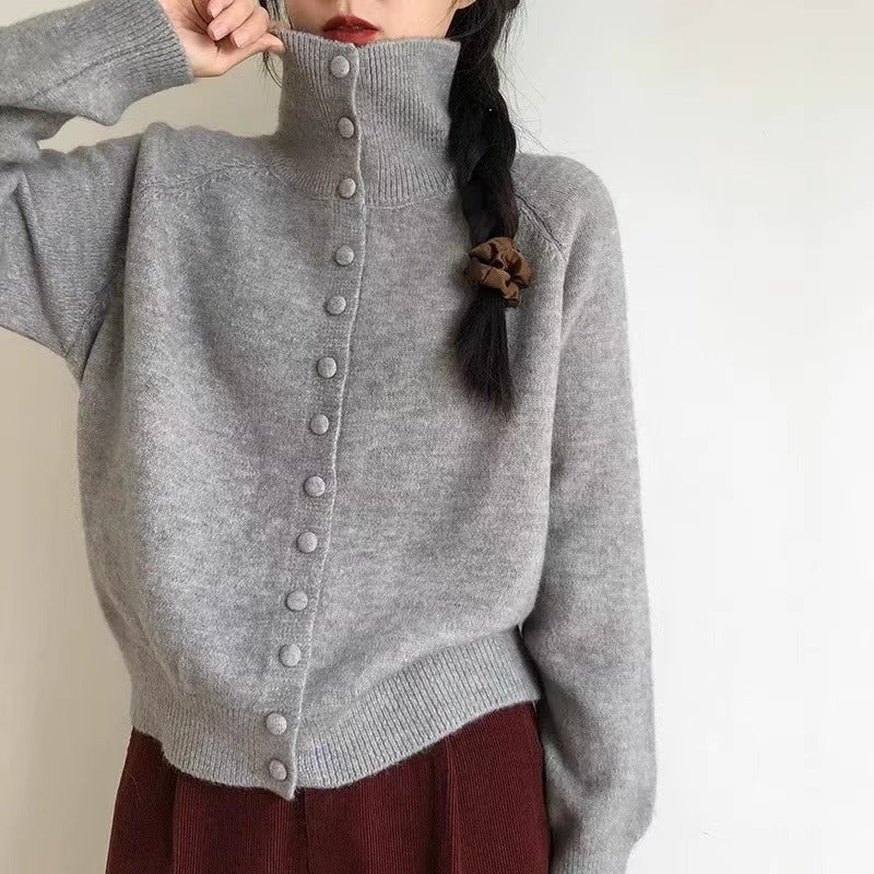 Women's cardigan with high collar and decorative buttons NOVAE
