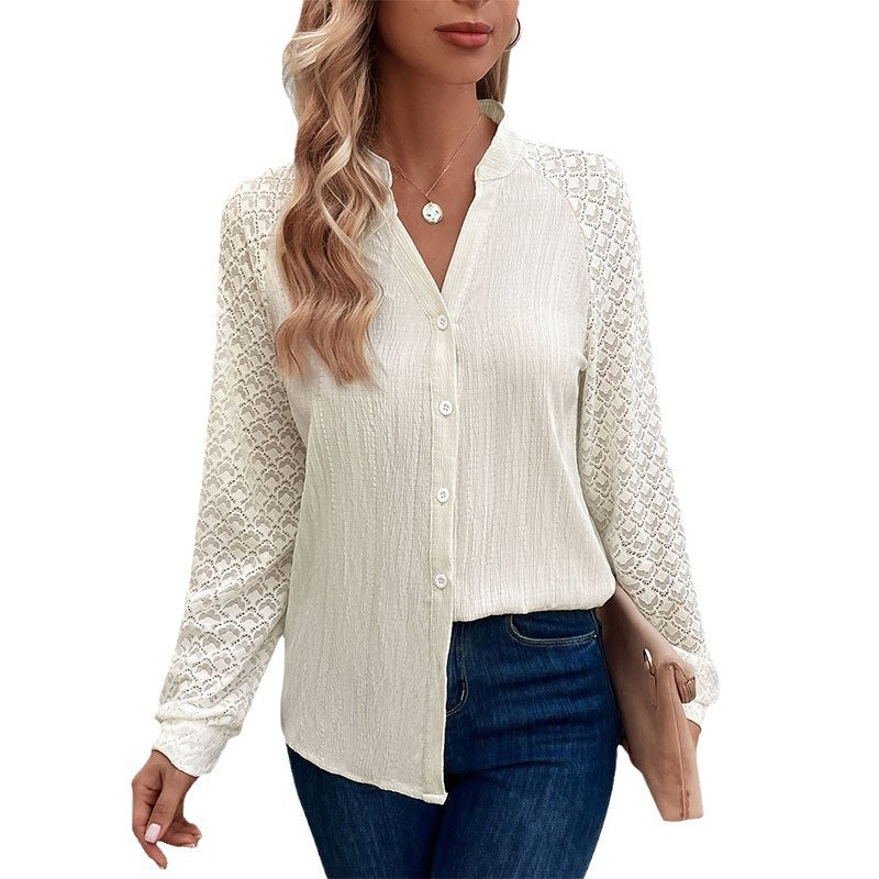 Women's blouse with elegant lace sleeves and textured fabric NOVAE