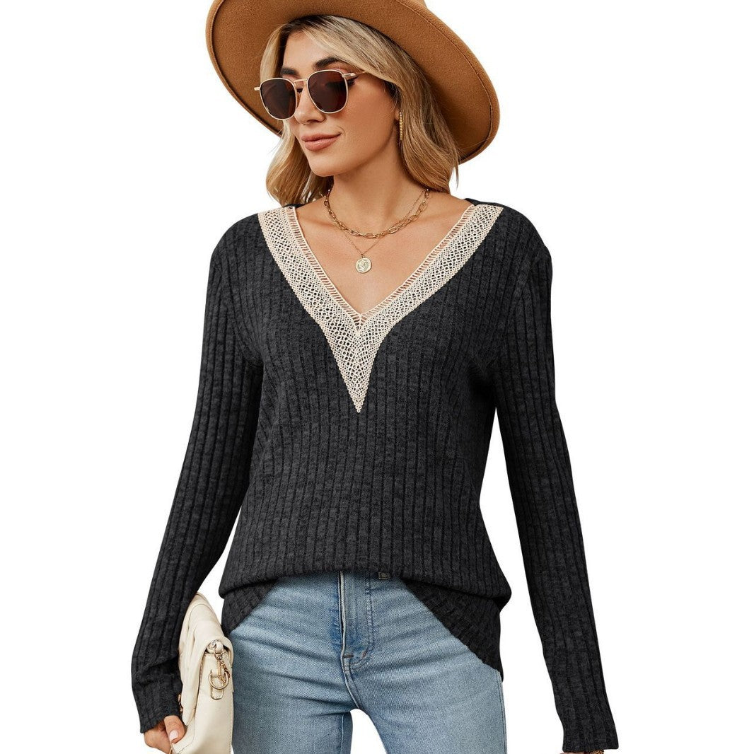 Women's V-neck knit sweater with romantic lace NOVAE