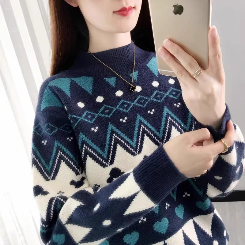 Women's festive knit sweater in a modern Christmas design with a geometric pattern and comfortable round neckline NOVAE