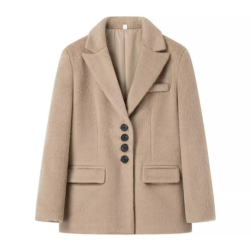 Women's elegant blazer jacket with soft fur and decorative button details NOVAE