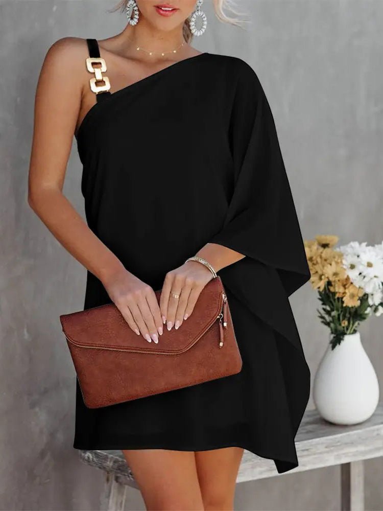NOVAE | Women's Dresses Solid Metal Straps Off-Shoulder Doll Sleeve Dress