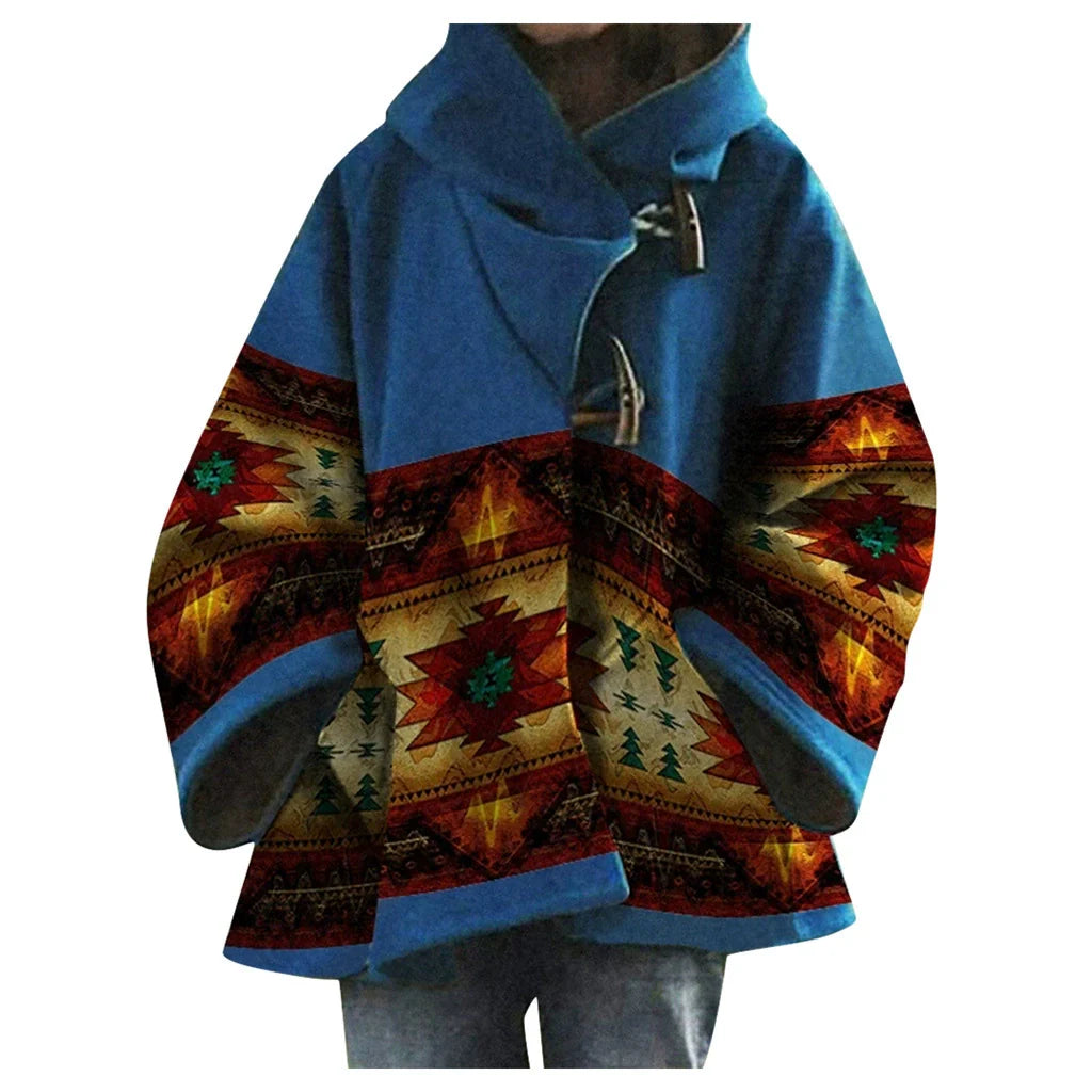 NOVAE | Women's Coats Multicolored Printed Long-Sleeved Wool Hooded Coats