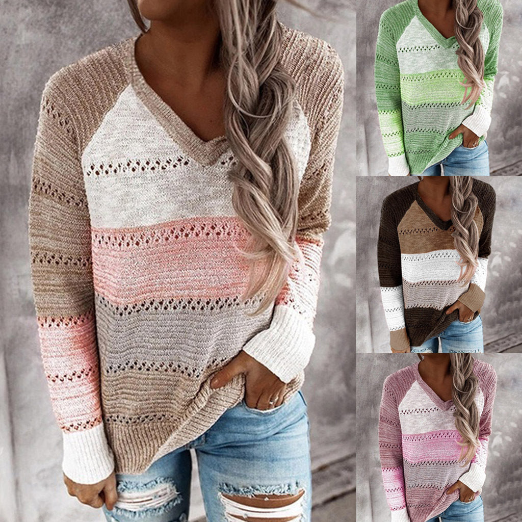 Women's knitted sweater with V-neck and delicate openwork patterns NOVAE