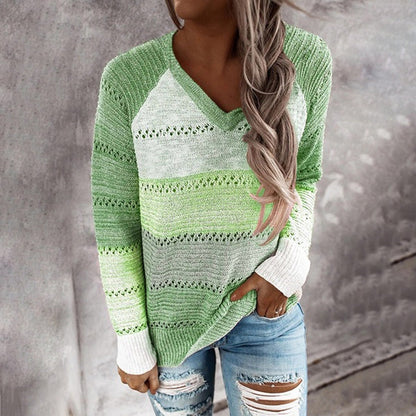 Women's knitted sweater with V-neck and delicate openwork patterns NOVAE