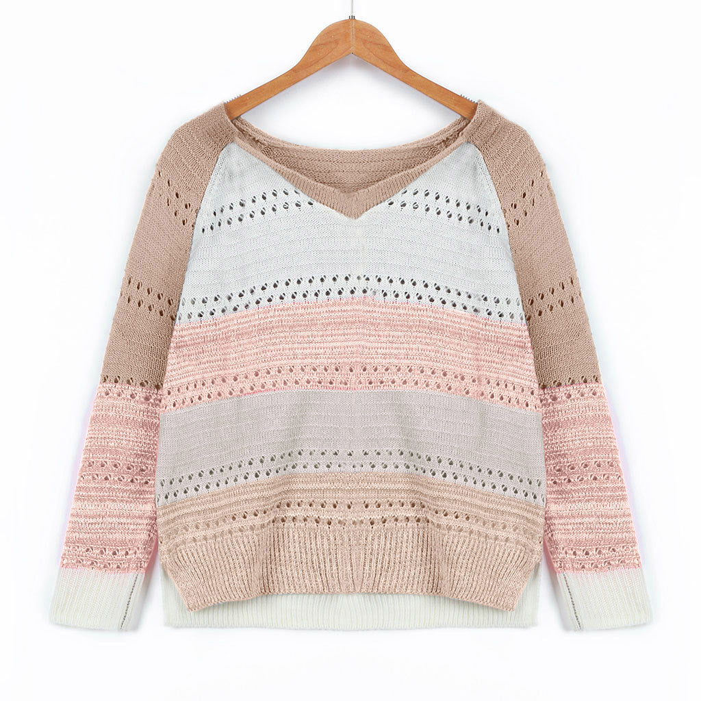 Women's knitted sweater with V-neck and delicate openwork patterns NOVAE