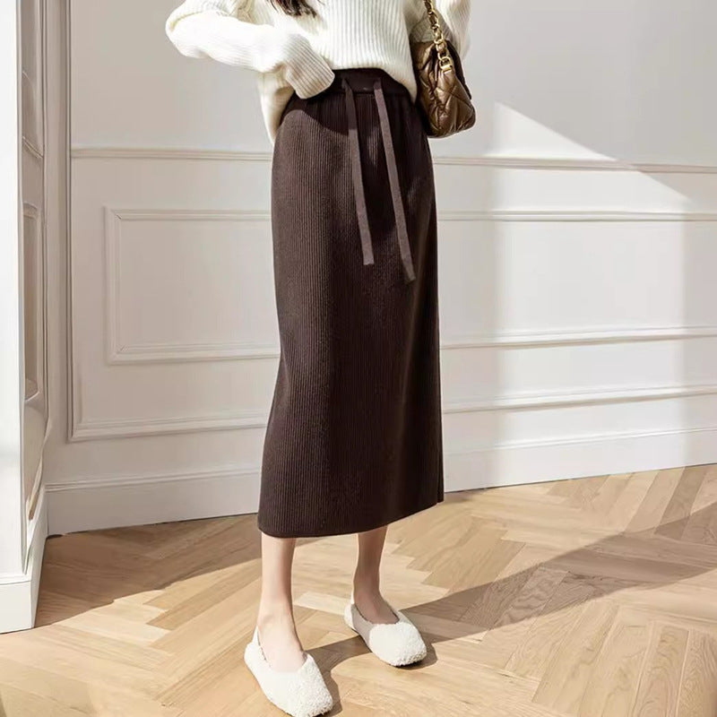 Women's midi skirt with waist lacing and ribbed design NOVAE