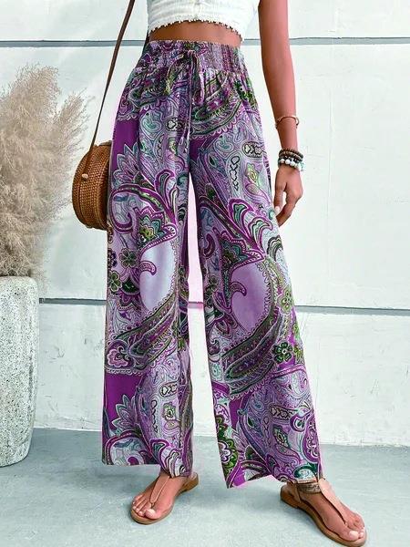 Women's wide-leg palazzo trousers with floral paisley pattern and elasticated waistband NOVAE