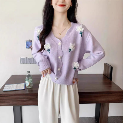 Women's cardigan with floral design and elegant pearl buttons NOVAE