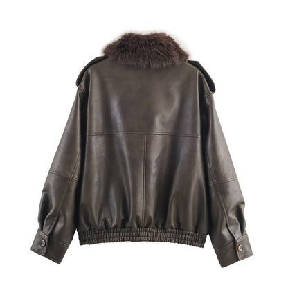 Women's elegant leather jacket with detachable faux fur collar and practical pockets NOVAE