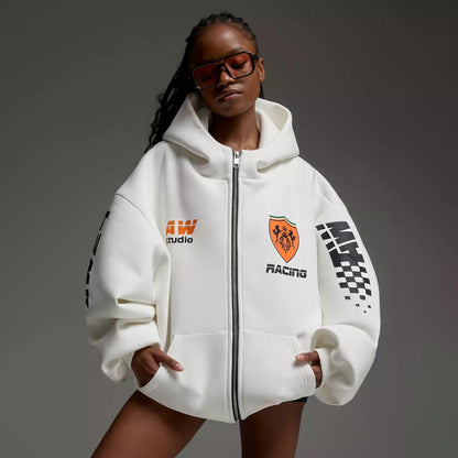 Women's oversized hooded jacket with graphic racing design NOVAE