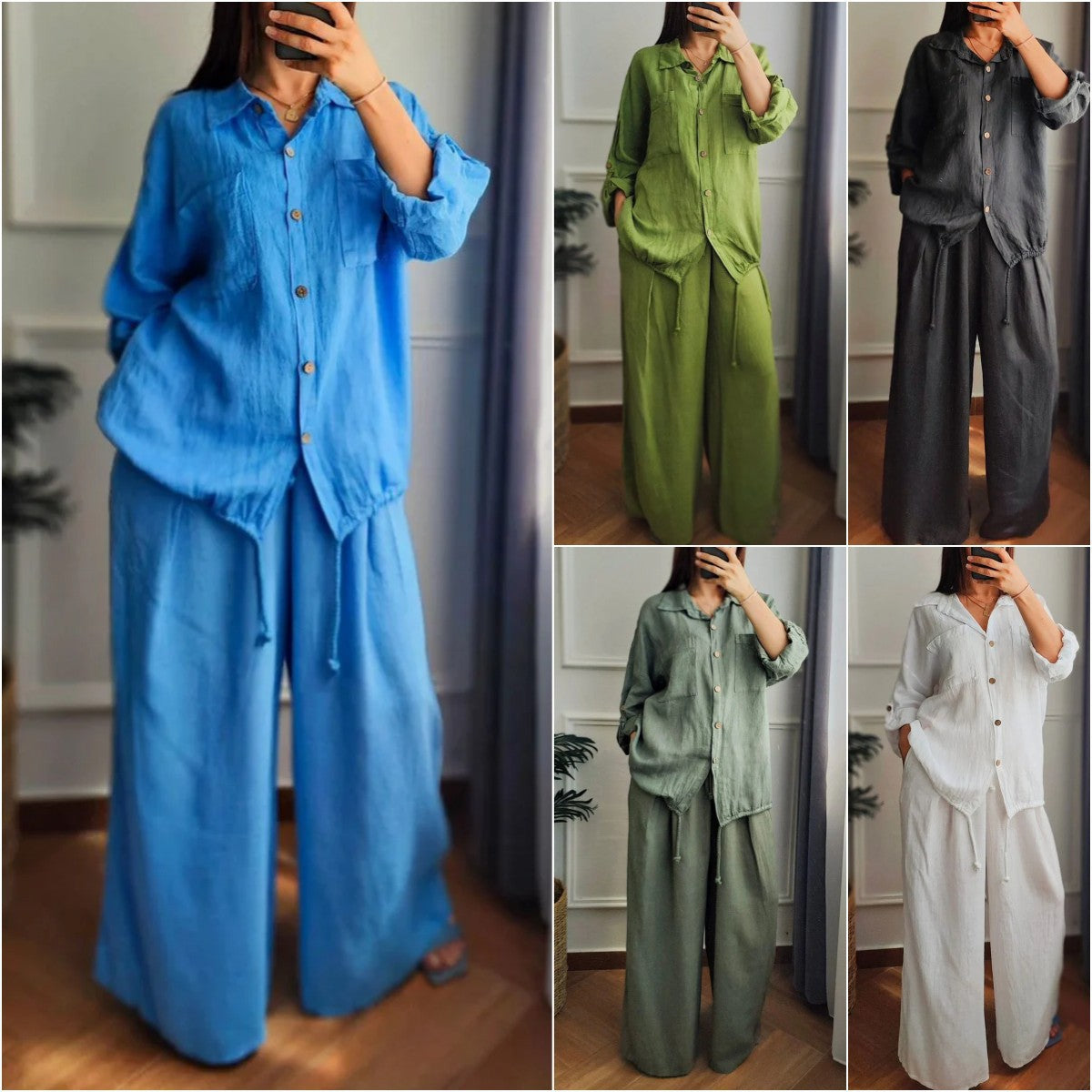 Women's linen set with wide-leg trousers and casual blouse NOVAE