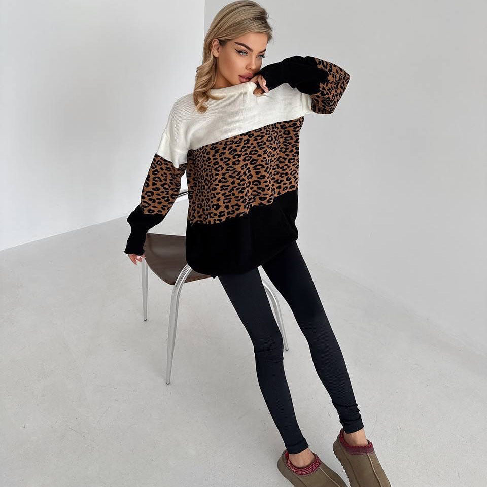 Women's fashionable oversized sweater with animal print and creative color block details NOVAE