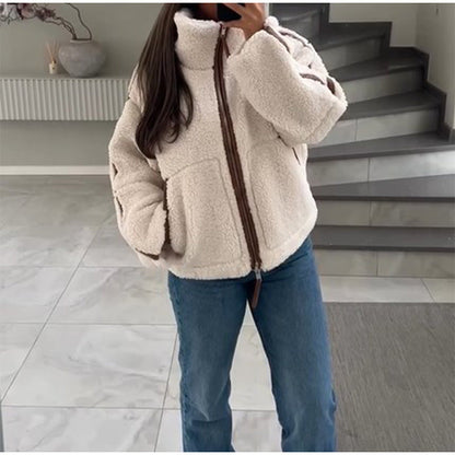 Women's cozy teddy fleece jacket with high collar and comfortable cut NOVAE