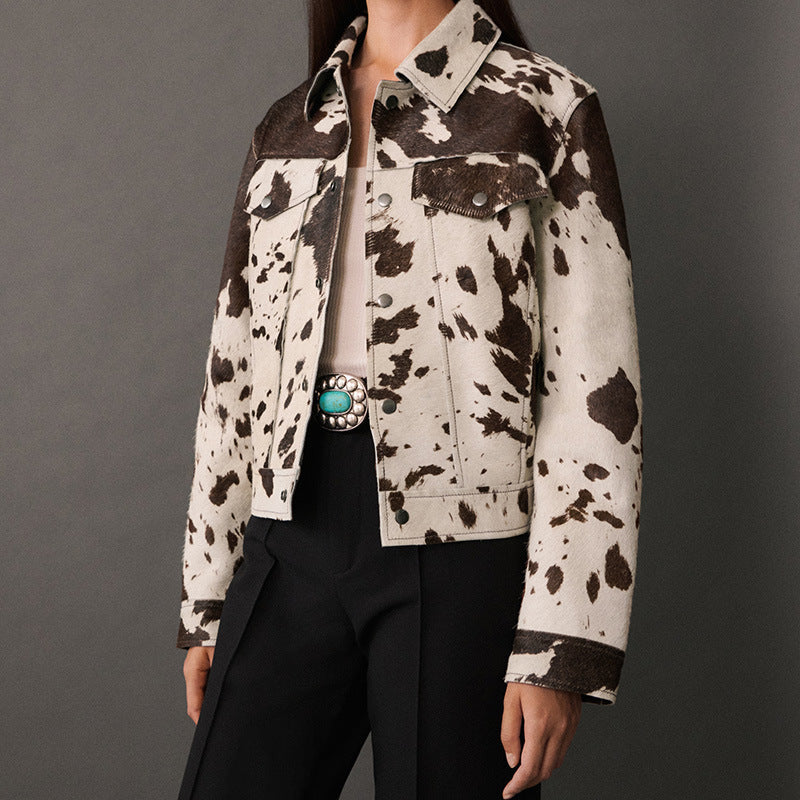 Women's cropped denim jacket in trendy animal print NOVAE