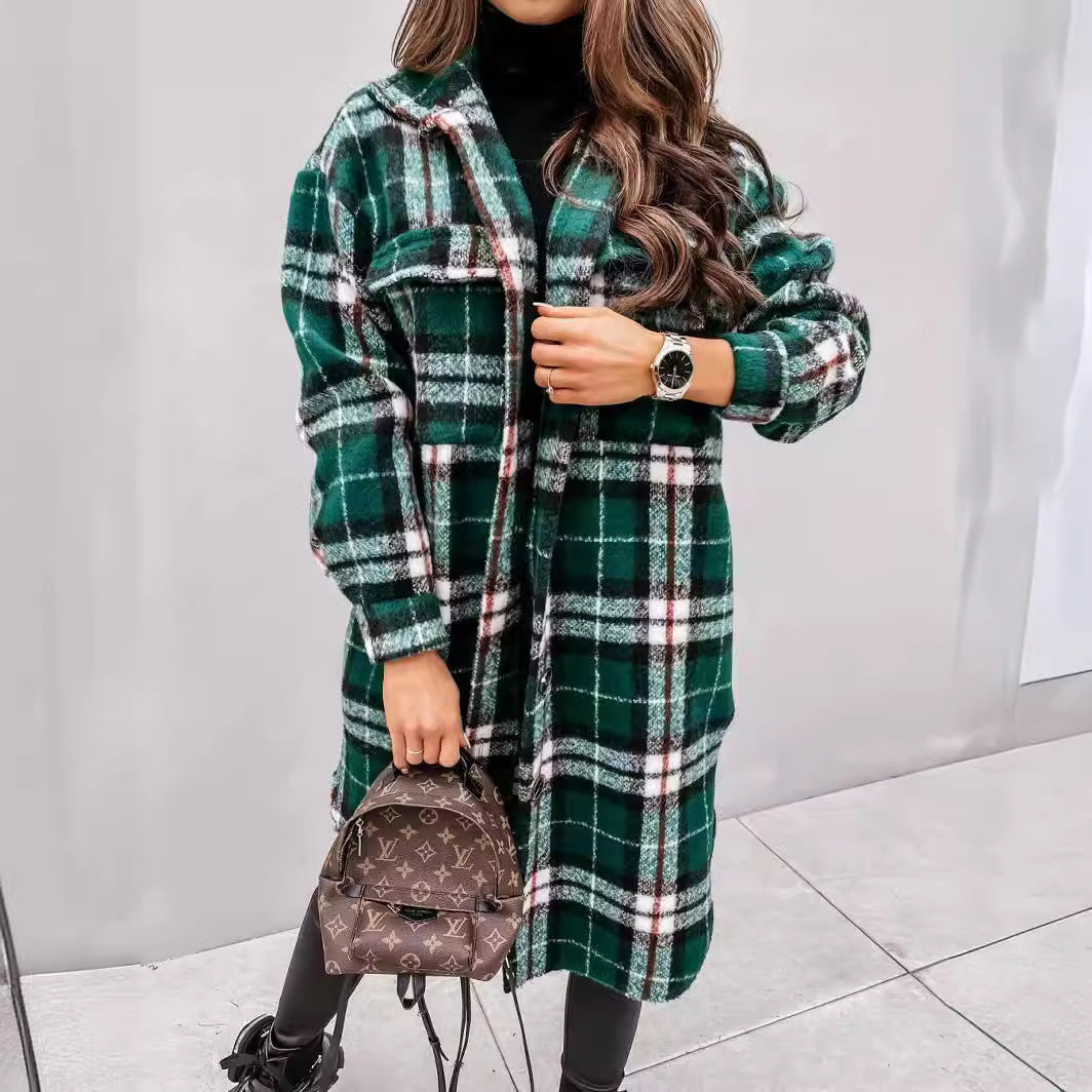 Women's Checkered Oversized Shirt Coat with Practical Pockets NOVAE