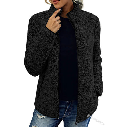 Women's fluffy fleece jacket with high collar and side pockets NOVAE