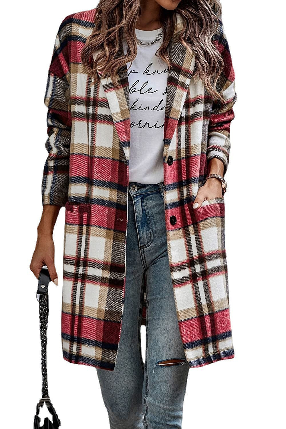 Women's Checked Oversized Coat with Stylish Pockets and Turn-Down Collar NOVAE