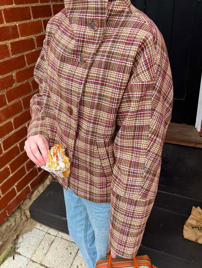 Women's Checkered Oversized Jacket with High Collar and Unique Button Placket NOVAE