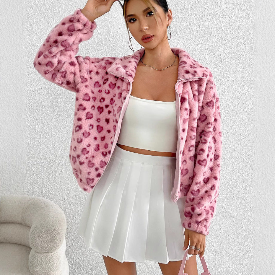 Women's fleece jacket with fashionable leopard print NOVAE