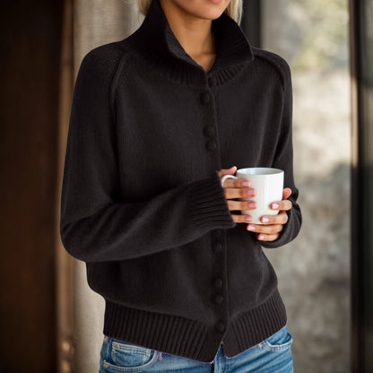 Women's cardigan with high collar and elegant button details NOVAE