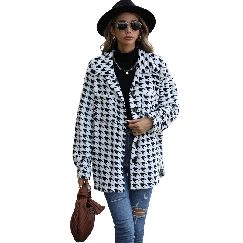 Women's fashionable plush jacket with houndstooth pattern and practical pockets NOVAE