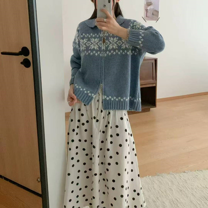 Women's cardigan with modern Norwegian pattern and high collar NOVAE