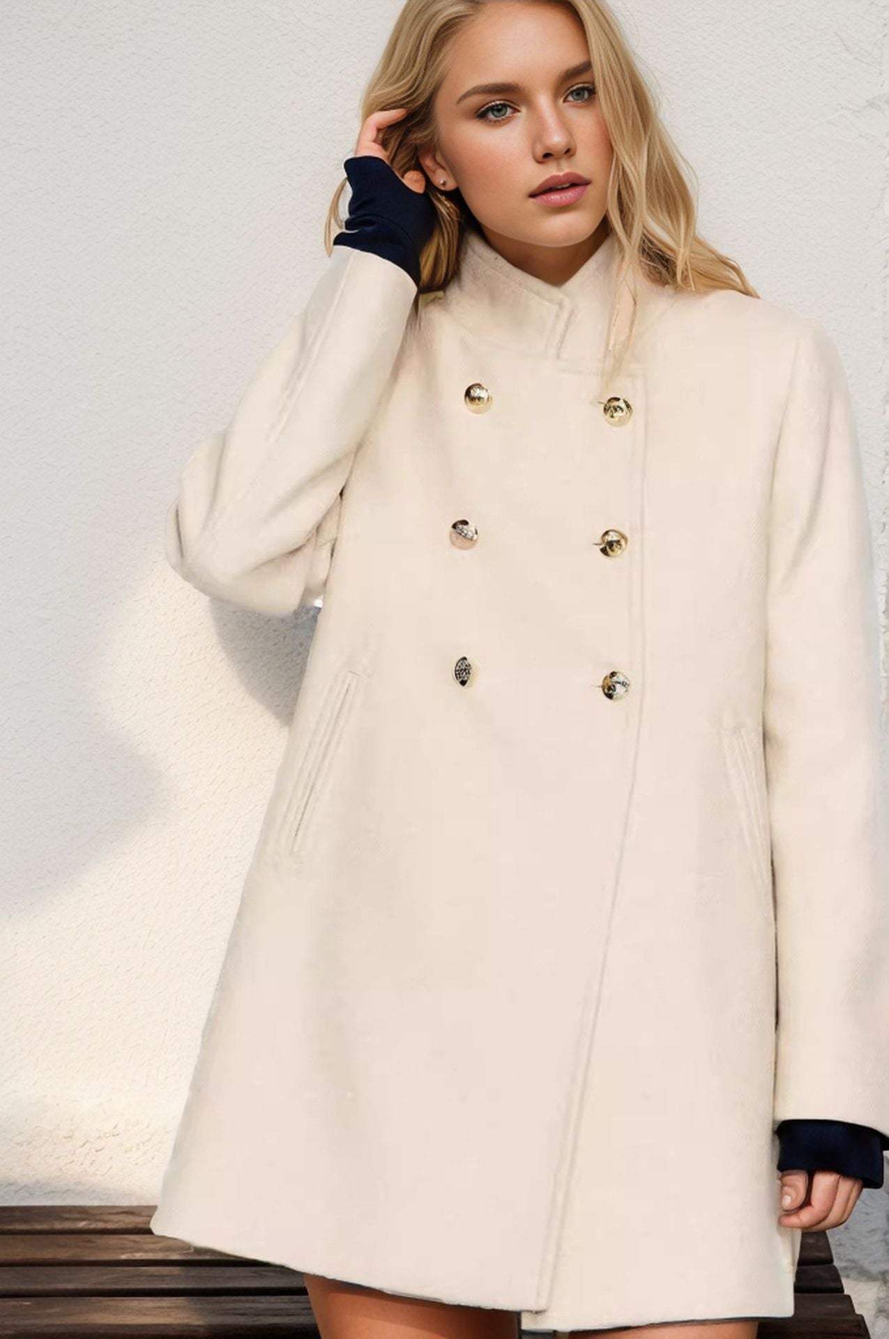 Women's fashionable short coat with double-breasted front and elegant stand-up collar NOVAE