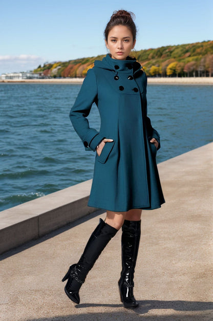 Women's elegant coat with high collar and functional pockets NOVAE