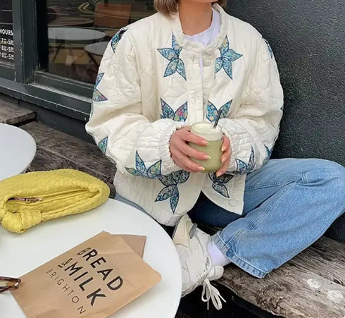 Women's quilted bomber jacket with floral design and elasticated cuffs NOVAE