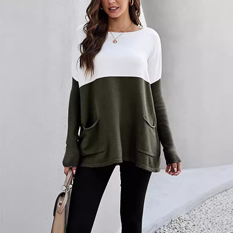 Women's knit sweater with large front pockets and contrasting design NOVAE