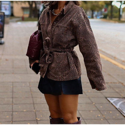 Women's fashionable denim jacket in leopard print design with belt NOVAE