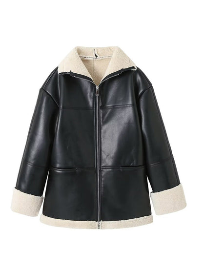 Women's faux leather jacket with teddy lining NOVAE