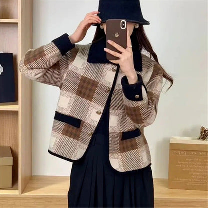 Women's Checkered Blazer Jacket with Removable Pockets and Button Details NOVAE