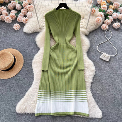 Women's knit dress with high collar and sophisticated striped pattern NOVAE