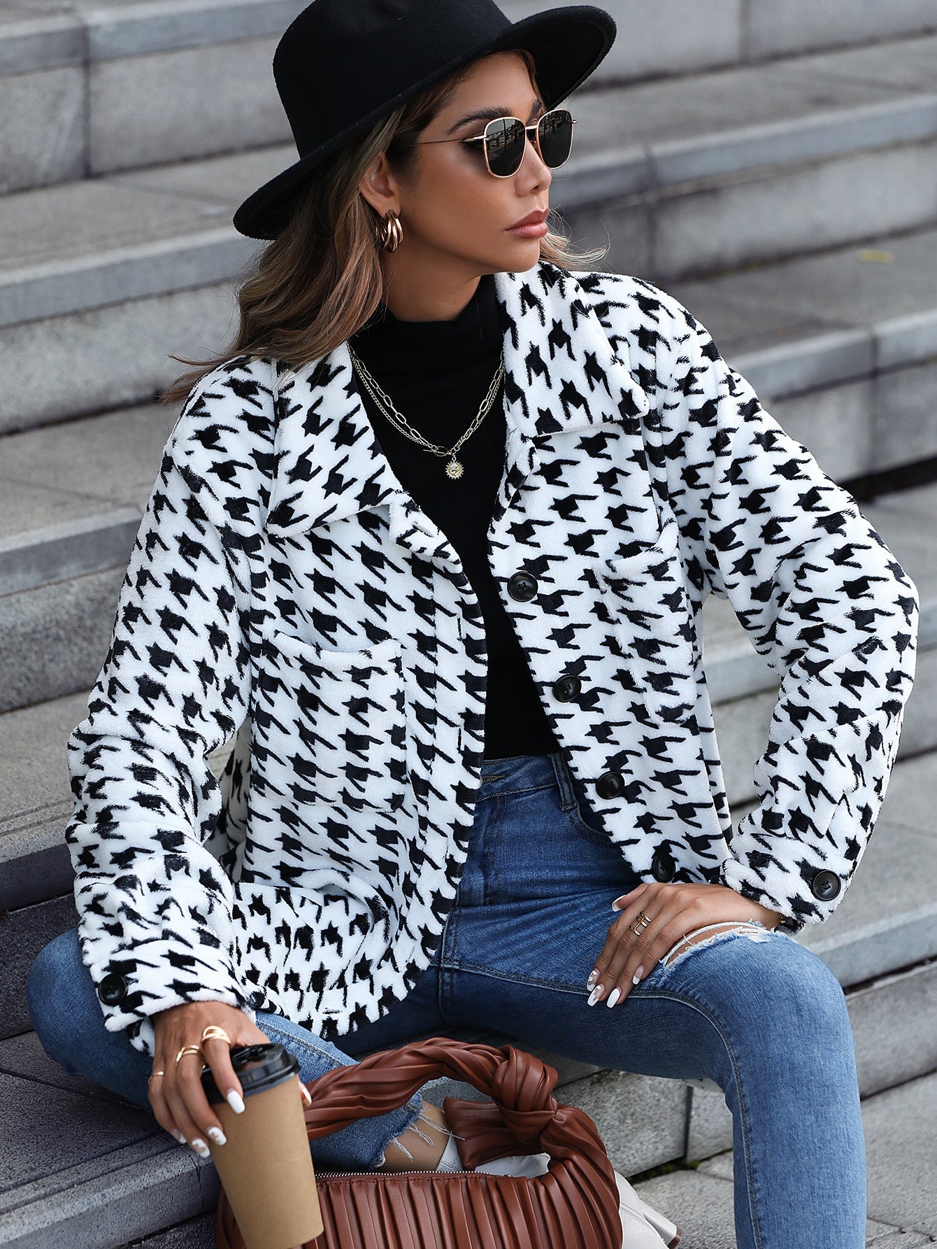 Women's fashionable plush jacket with houndstooth pattern and practical pockets NOVAE