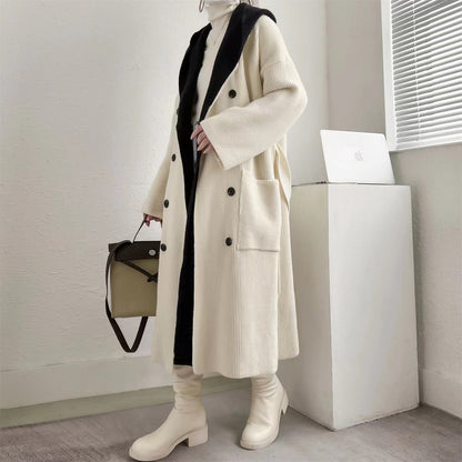 Women's Elegant Long Coat with Belt and Contrasting Sleeves NOVAE