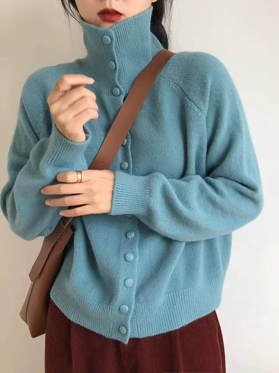 Women's cardigan with high collar and decorative buttons NOVAE